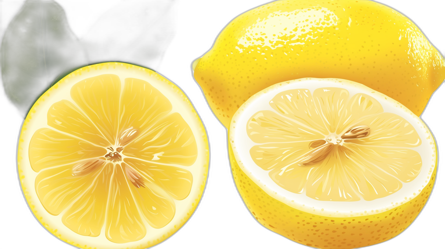 A realistic illustration of two whole lemons and one lemon cut in half, with the texture clearly visible on their skin, set against a black background. The lighting is bright and even to highlight every detail of color and shape, creating an attractive visual appeal for advertising or cooking. The style of the illustration resembles the realistic technique.