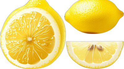 lemon cut in half and other lemon on black background, vector illustration, hyperrealistic illustrations, yellow color scheme, high resolution