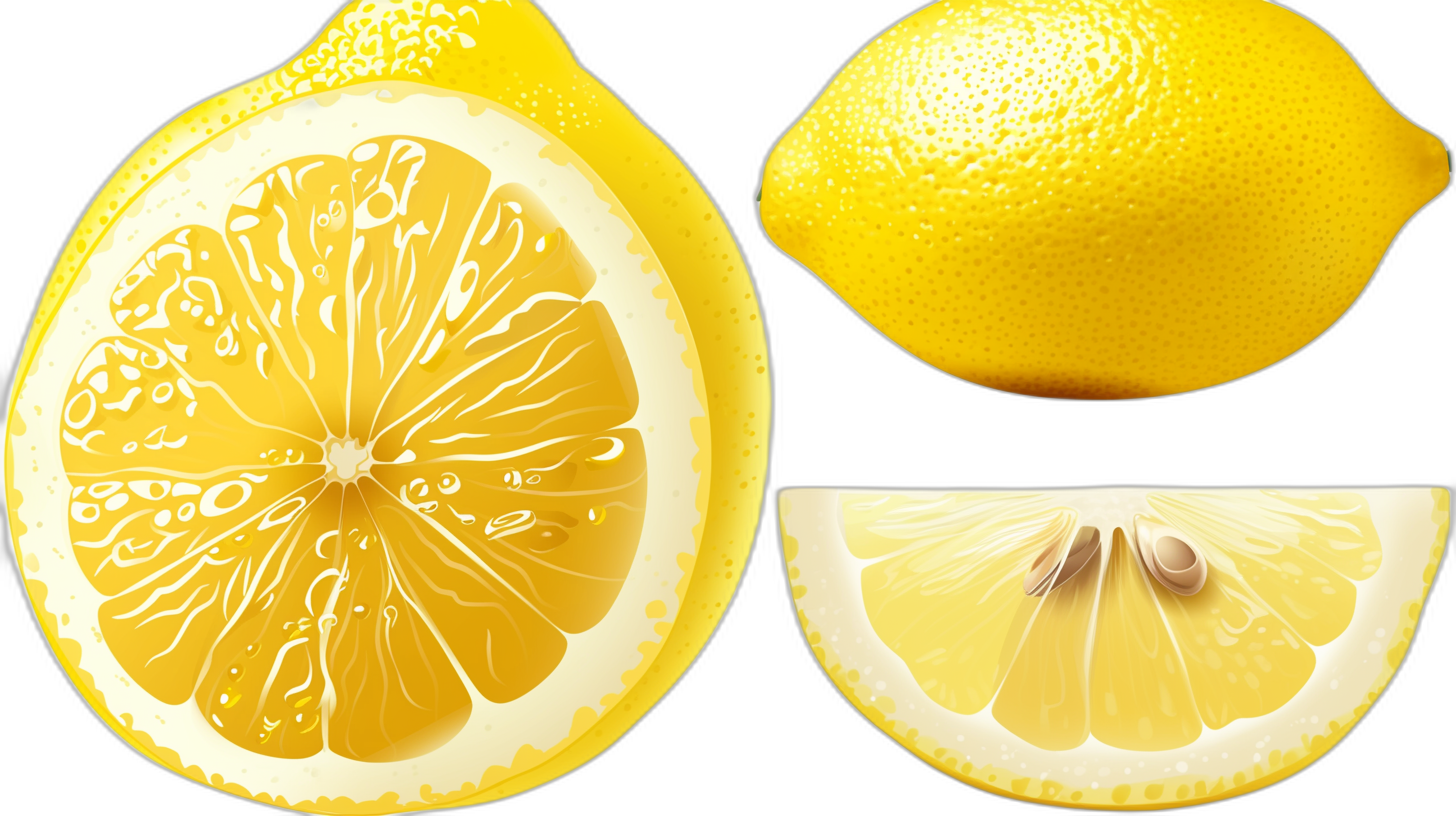 lemon cut in half and other lemon on black background, vector illustration, hyperrealistic illustrations, yellow color scheme, high resolution