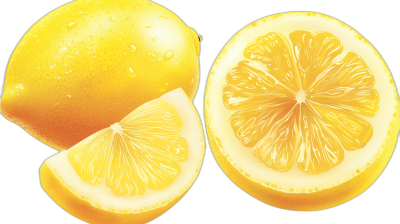 lemon illustration, cut in half, vector art, high resolution, highly detailed, hyper realistic, high contrast, high definition, realism, clean black background,