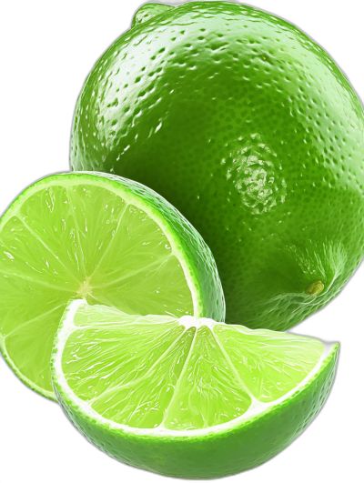 A vibrant, realistic photograph of fresh lime fruit with the skin clearly visible and detailed texture. The limes should be in closeup, showcasing their green color and glossy surface. One lime is sliced to reveal its juicy interior. Set against a black background for contrast, emphasizing bright colors and natural lighting. High-resolution photography style, in the style of realistic natural lighting. Suitable as an icon or logo design element.