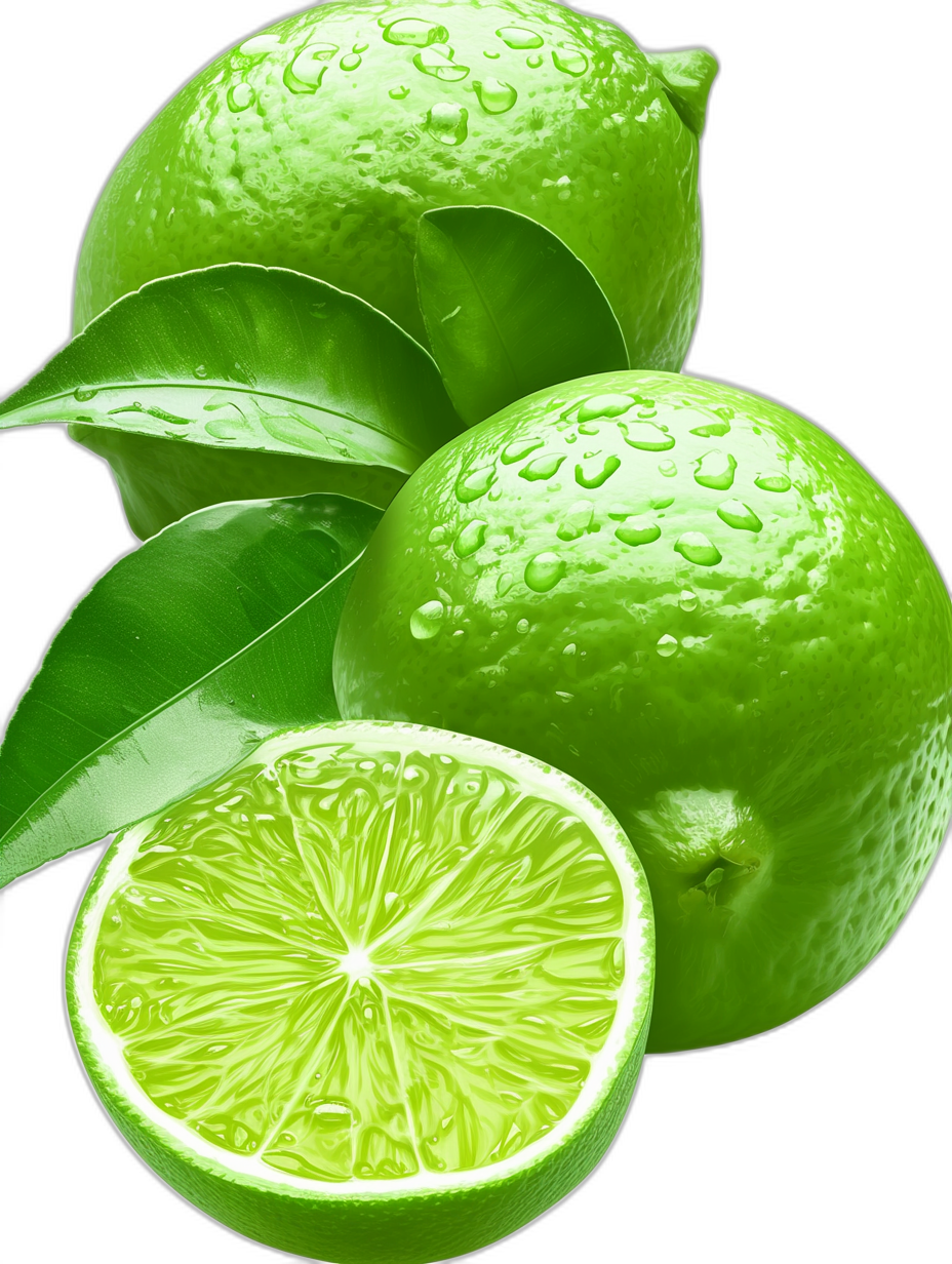 A few limes, with half of the lime and water droplets on it, green leaves next to them, solid black background, high resolution, professional photograph, sharp focus, studio lighting, no blur style, realism, natural light, hyperrealistic photography, high definition details, realism, high detail, high quality, high resolution, high detail, high definition, sharp focus, hyper realistic