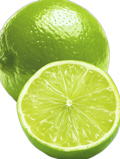 A vector illustration of a lime, with the whole fruit and half cut into two pieces. The limes have a bright green color that stands out against black background. They appear fresh and juicy in high resolution. The design is simple yet detailed, focusing on realism and texture to capture details of light reflections and shadows on the surface. It creates an inviting look for product packaging or creative projects where vibrant colors and natural textures appeal.