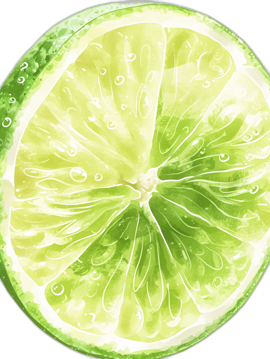 Close up of lime slice in the style of vector art, high contrast, high resolution, all details very detailed, sharp focus, studio lighting, black background, no blur, no bokeh effect, hyper realistic, detailed, watercolor.