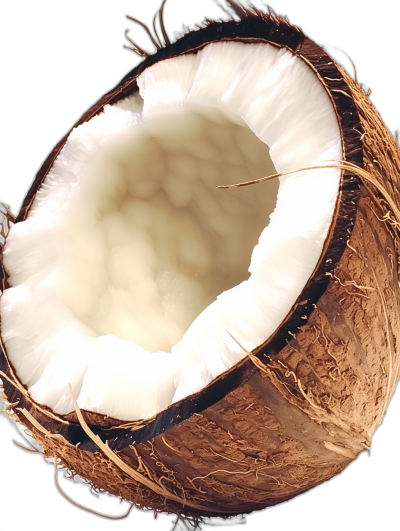 image of coconut, hyper realistic, close up, cut in half, on black background, with texture, hyper detailed, hyper quality, hyper resolution,