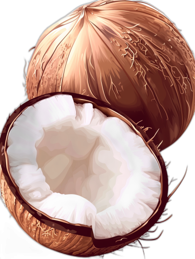 Cquirrel's coconut illustration, closeup of the whole coconuts and half open coboys with white outer skin and brown core, black background, vector illustrations, clean pictures with clear lines.