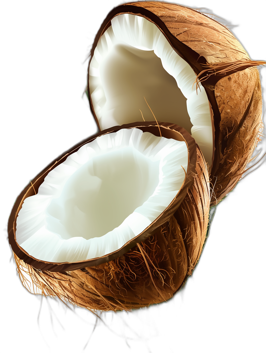 3d illustration of coconut cut in half, on black background, high resolution photography, insanely detailed