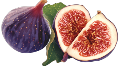 A detailed illustration of two whole figs and one sliced fig, with the skin depicted in shades of purple to red, set against an isolated black background. The focus is on capturing intricate details such as textures and patterns within each fruit.