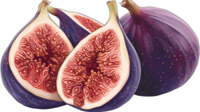 Two whole figs and one cut in half, purple color with red patterns inside the fruit, isolated on a black background, a detailed illustration in the style of digital artist [James Jean](https://goo.gl/search?artist%20James%20Jean) and in the style of [Artgerm](https://goo.gl/search?artist%20Artgerm).