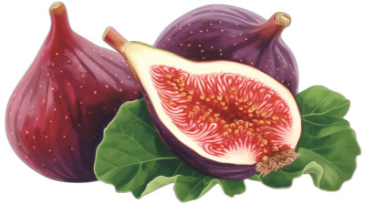 A detailed illustration of three whole figs and one sliced fig, with leaves on the side. The colors should be vibrant purple for the figs and green or dark red for the leafy greens. Black background to highlight each fig's texture and color. In the style of watercolor, with soft edges around features like seeds in an open half-cut slice of fruit.