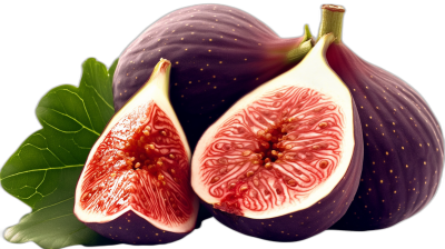 high resolution, hyper realistic and detailed photo of two whole figs and one cut in half with the center showing. Black background. Figs should have glossy skin and deep purple color with intricate patterns on their surface. The leaves that glow around them must be vibrant green.