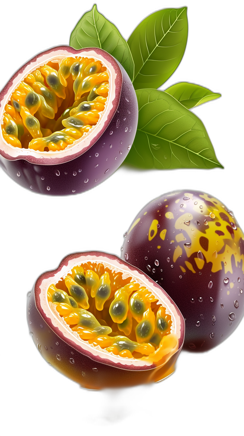 A highly detailed vector illustration of two whole passion fruits and one sliced passion fruit with leaves in the background, set against a black isolated background. The illustrations showcase vibrant colors, highlighting their unique textures and patterns. Done in the style of photorealism, this is a high resolution, high quality image.