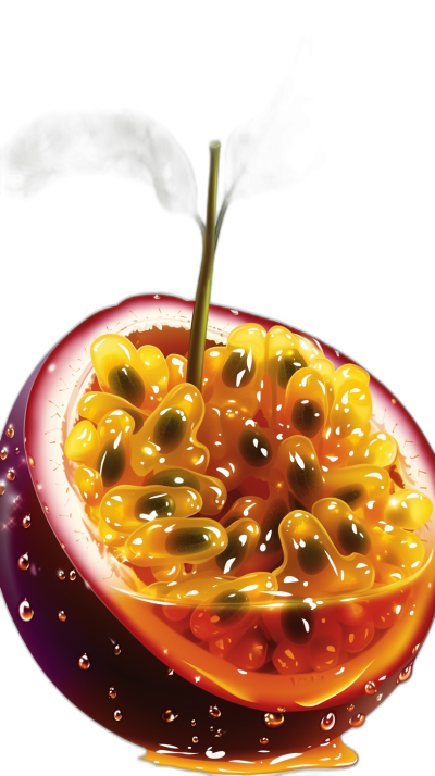 Sadia Sultana's illustration depicting passion fruit on a black background in the style of vector art as a close up shot in a realistic, hyperrealistic, and hyperdetailed style in high resolution.