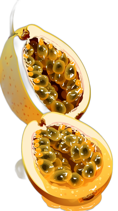 Surrealistic illustration of passion fruit cut in half, showcasing its juicy seeds and vibrant yellow color against a black background, creating an artistic representation of the tropical rainforest gemstone's natural beauty, vector art style with a focus on realism, high resolution, and detailed texture, no text or symbols inside, isolated on white background