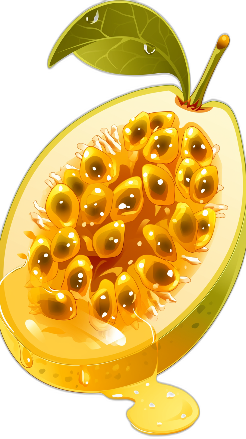 illustration of passion fruit with honey, in the style of a cartoon, vector art, on a black background, high resolution, high detail, high quality, high sharpness, high definition