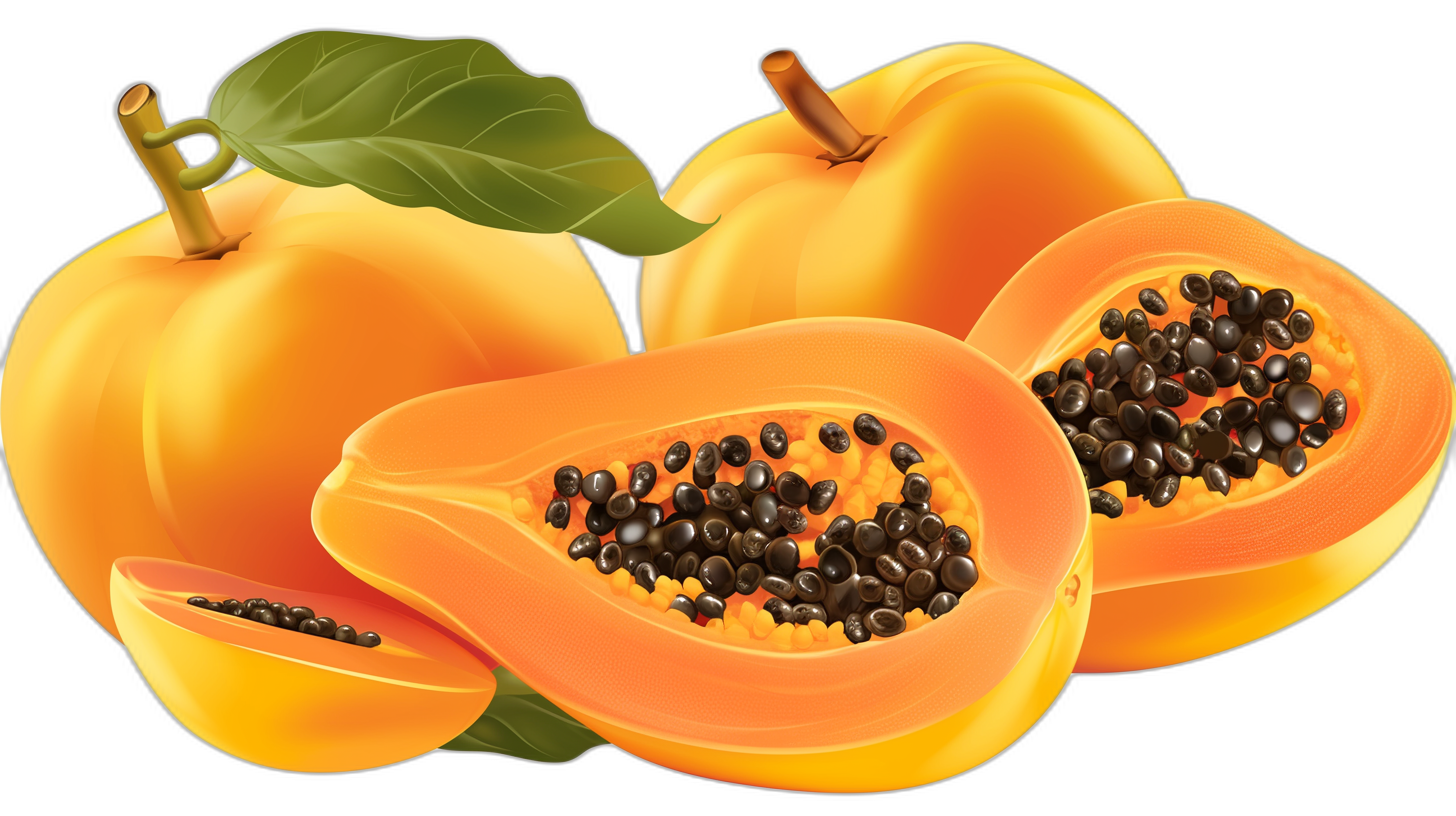 Papaya, vector illustration with black background. three papayas in different angles, one whole and two cut into halfs with seeds inside, tropical fruit illustration style, no shadows on the elements, high resolution, bright colors, high detail, digital art