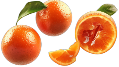 Three oranges, one whole and two cut in half with leaves on black background, high resolution, no blur effect, no blur texture, no shadow, hyper realistic, photorealistic, hyperdetailed, hyperrealistic, hypercute, hyperphotorealism, hyperfine details, hyperglossy, hypersaturated, hyperwhite, hyperblack, hyperorange orange color, octane render,