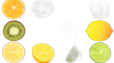An illustration of several slices of fruit such as orange, kiwi and lemon on the left side of a black background. The center is dark with blurred light coming from the top right corner. There should be no shadows between the fruits.