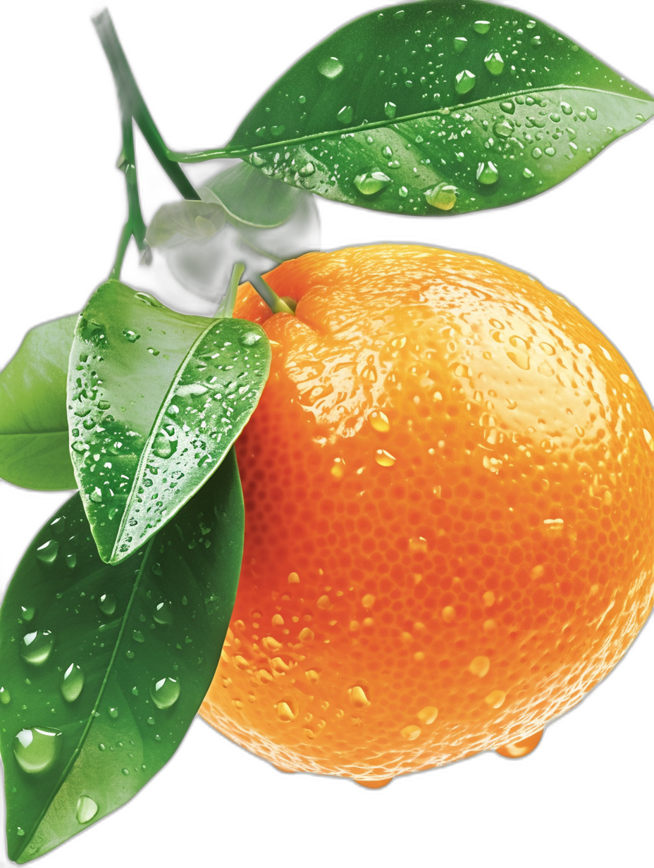 An orange with water droplets on it, with green leaves and stem attached to the fruit, closeup of an orange, photorealistic, detailed, high resolution, high detail, high quality, high definition, high contrast, high sharpness, hyper realistic, in the style of hyper realistic, in the style of hyper detailed, high octane render, black background.