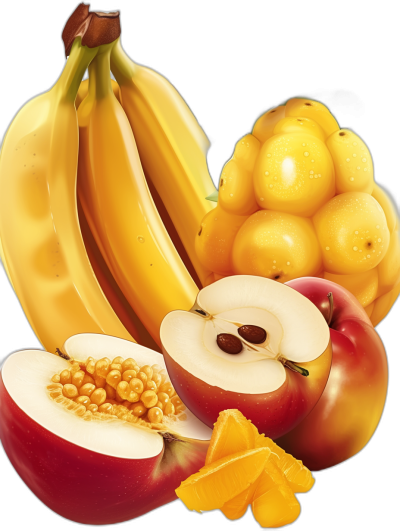 Fruit illustration featuring bananas, apples and mangoes in closeup, with high resolution, hyperrealistic and detailed textures. The illustrations have colorful and vibrant colors on a white or black background, with some yellow sand and small stone pebbles. The illustrations have warm tones and a red color scheme, appearing super realistic with bright light, high contrast natural lighting captured with a wideangle lens in a static composition.