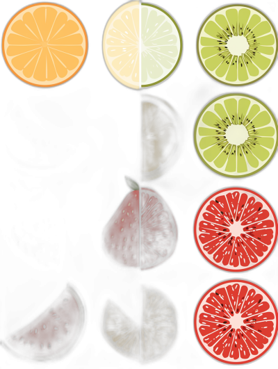 Create vector illustrations of cut fruit slices in different sizes and colors on black background. The illustration should include orange, lime green, red grapefruit, kiwi, apple and watermelon, arranged from top to bottom with the same distance between each other. They must be simple line drawings without shading or shadows. Each slice is in its own circle, with no overlapping or transparent elements. It's designed for use as clipart in graphic design projects.