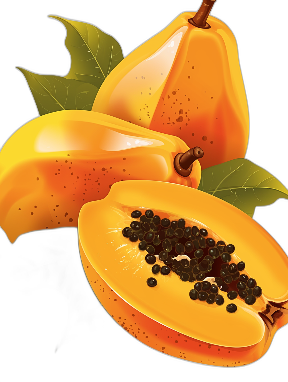 A papaya cut in half with seeds and leaves, in the style of a vector illustration, cartoon style, on a black background, with bright colors, rich details, natural lighting, a static composition, and a fresh feel.