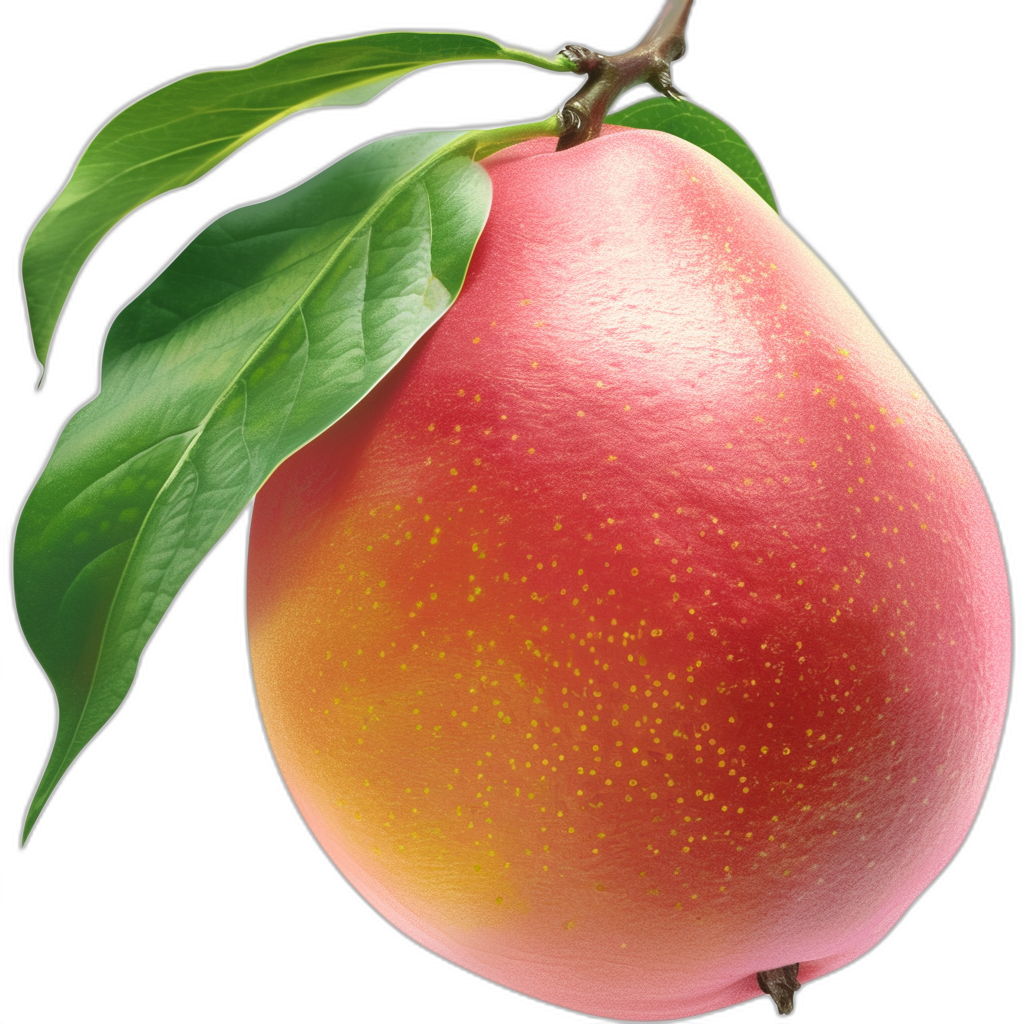 A photorealistic illustration of an entire single mango with pink skin and yellow spots, with green leaves on the top left side hanging from its stem. The background is black.