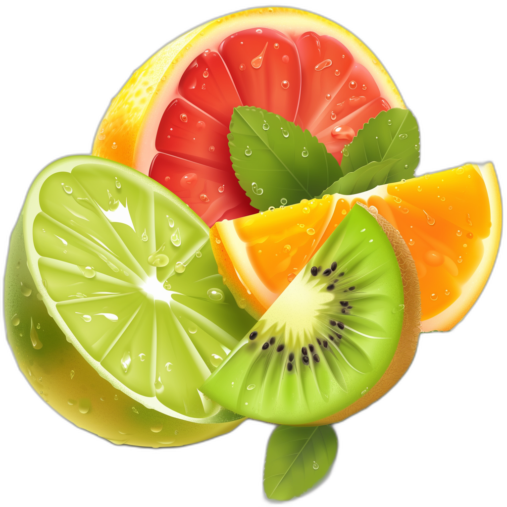 Illustration of fruit, grapefruit and kiwi slices with green leaves on black background, vector illustration, high resolution, no text, high detail, colorful color palette, bright colors, no shadow, sharp edges, highly detailed design,