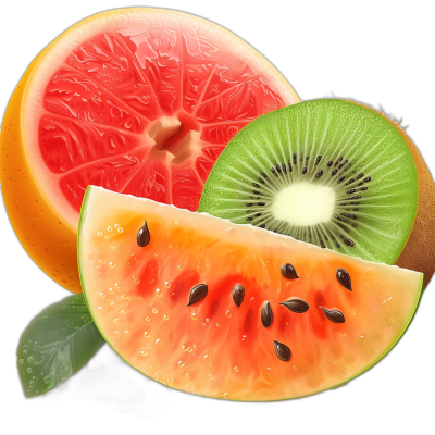 This hyperrealistic illustration depicts watermelon, kiwi and grapefruit on a black background. With high resolution and detail, it has intricate details, sharp lines and focus, rendered in the style of hyperrealistic illustration.