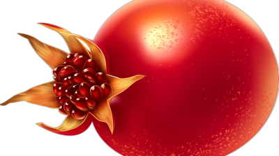 A red pomegranate with golden seeds and flower, vector illustration, closeup, pure black background, high resolution, high detail, digital art