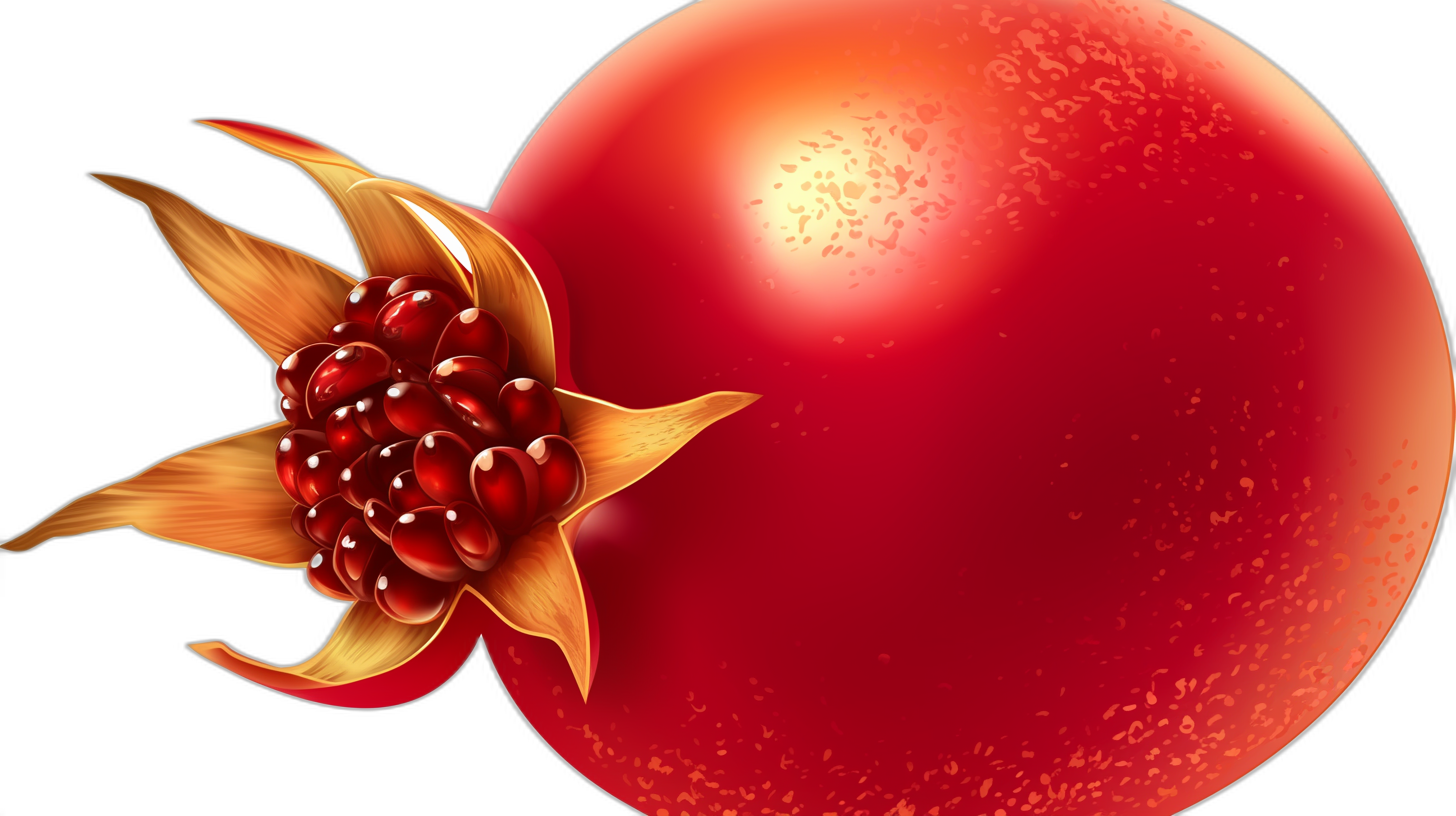 A red pomegranate with golden seeds and flower, vector illustration, closeup, pure black background, high resolution, high detail, digital art