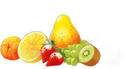 vector illustration of fruits, orange lemon grape strawberry kiwi on a black background, high resolution vector art in high contrast colors