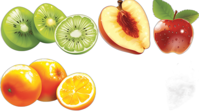 Vector illustration of fruit. High quality vector graphics, kiwi and apple cut in half, peach, orange, black background. High resolution vector graphics, high detail, sharp focus, no blur, no bokeh effect, professional photography, natural lighting, clear, digital art style. No text or other elements on the screen.