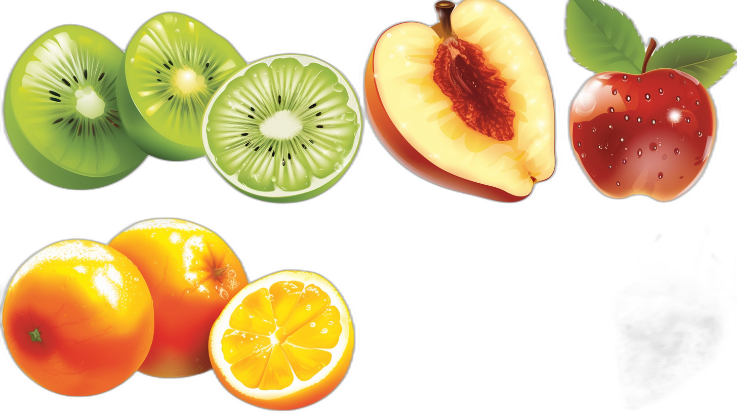 Vector illustration of fruit. High quality vector graphics, kiwi and apple cut in half, peach, orange, black background. High resolution vector graphics, high detail, sharp focus, no blur, no bokeh effect, professional photography, natural lighting, clear, digital art style. No text or other elements on the screen.