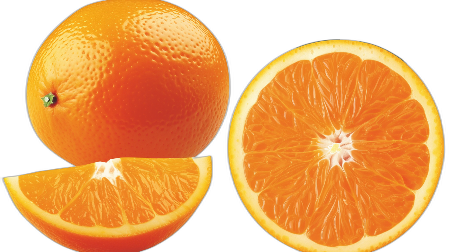 Realistic orange fruit, one whole and another cut in half, vector illustration, solid black background, no shadows, no gradient shading, high resolution, no color gradients, no gray shadings, vector art, no textures, no shadows, no color, no gradient shading, no shadows, no color, vector art, high detail, no gradient shading, no colors, no shadows, no gradient shading, no shadowing, vector art, no gradient shading, vector art, high definition, high quality, high contrast, hyper realistic