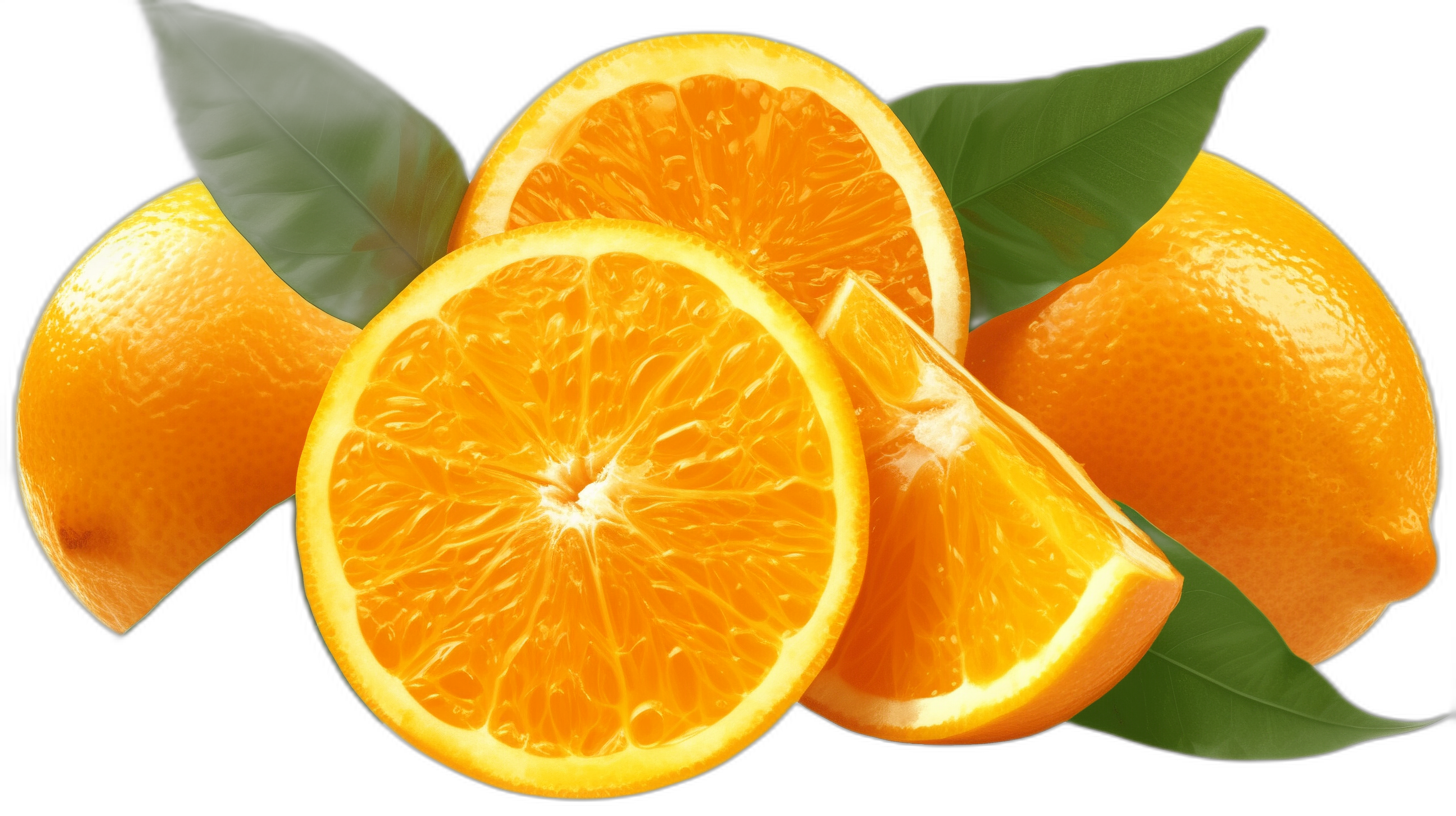 A few orange slices with leaves, orange fruit, and juicy fresh oranges on a black background in the style of high resolution, realistic photography. A high quality photo with sharp focus and high details in the style of hyperrealistic, high definition.