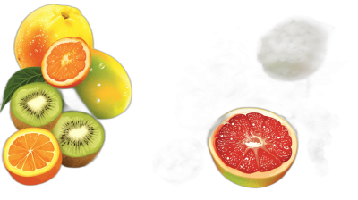 A few cut oranges, lemons and kiwi on the left side of an isolated black background, with grapefruits in various sizes and colors floating to one side. A 3D rendering of fruits with bright lighting, presenting a fresh fruit color scheme. High resolution, high quality, high detail, high definition, high light reflection, high contrast, and high saturation.