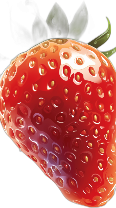 A glossy, juicy strawberry illustration, detailed with bright red color and subtle green shadows on the top left of its stem. The background is black to highlight the vibrant fruit texture. It's set against a dark backdrop for contrast. This design would be suitable as an iPhone wallpaper or digital art element, emphasizing freshness and vibrancy in high resolution in the style of a realistic art style.