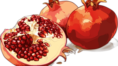 Pomegranate vector illustration, closeup cut of pomegranate and seeds, in the style of cartoon, on black background, flat design, vector graphics, bright colors, high resolution, cartoon elements, handdrawn illustrations, high detail, high quality, high definition, high contrast, high sharpness.