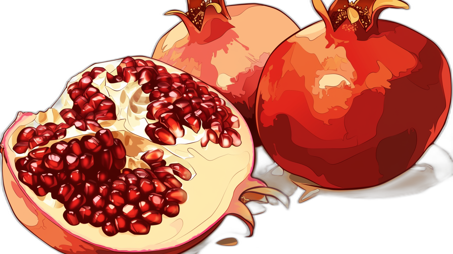 Pomegranate vector illustration, closeup cut of pomegranate and seeds, in the style of cartoon, on black background, flat design, vector graphics, bright colors, high resolution, cartoon elements, handdrawn illustrations, high detail, high quality, high definition, high contrast, high sharpness.