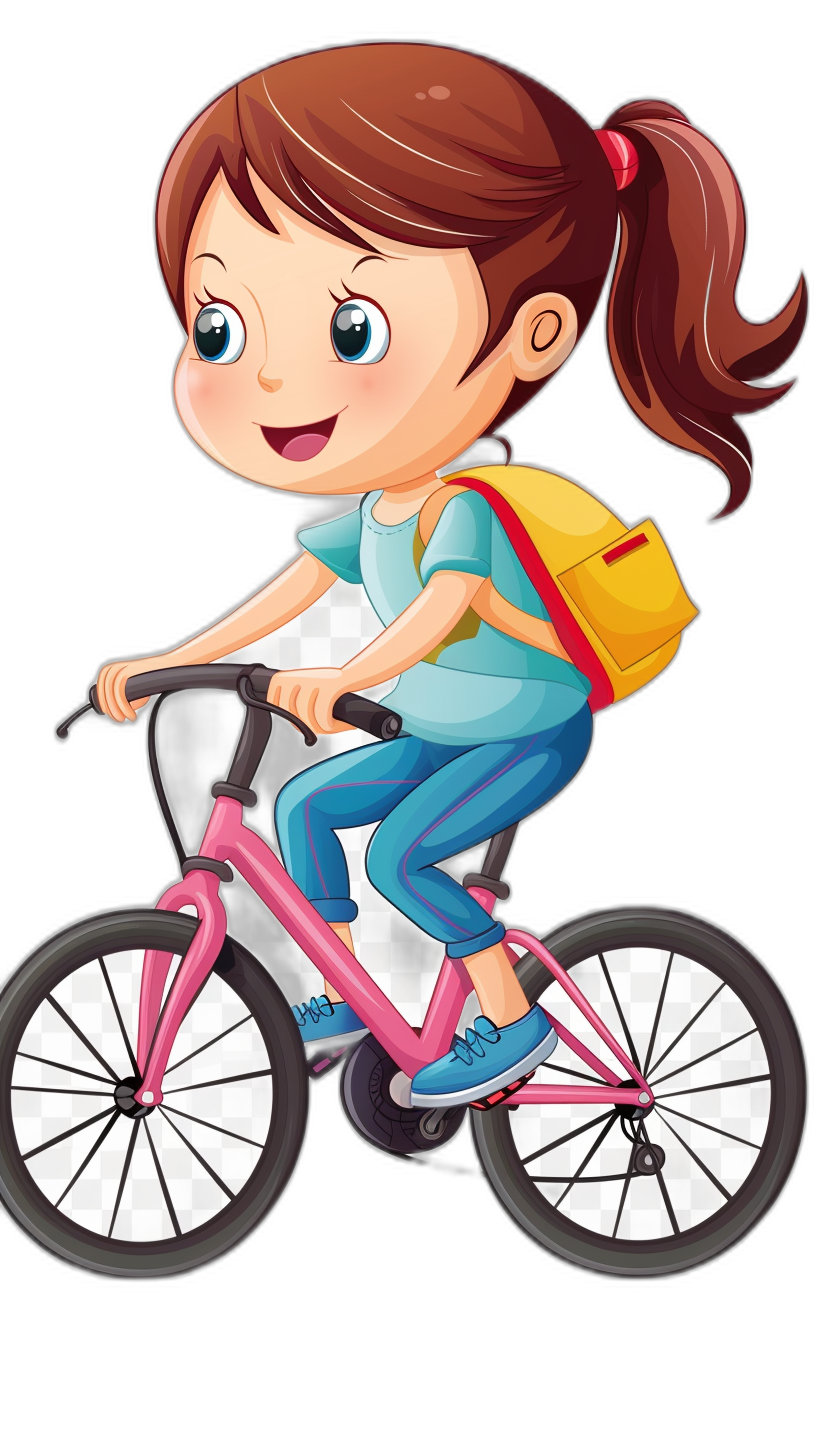 A cute cartoon girl riding her bike, simple flat illustration style with black background and white space around the character. She is wearing blue pants and pink shoes, has brown hair in pigtails, big eyes, small nose, smiling mouth open, yellow backpack on back, medium shot, full body view, vector graphics, vector art. The bicycle’s color should be bright red or hotpink. Inflatable design elements for easy cutout and clipart use. Isolated on transparent black background. Vector graphic design.