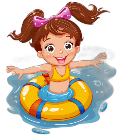 A cute little girl with brown hair in pigtails, wearing yellow and blue swimming attire including an inflatable ring pool floaty is floating on her back in the water at night time. She has big eyes, wide open mouth smiling with tongue out and pink lips. Vector style cartoon illustration. Black background.