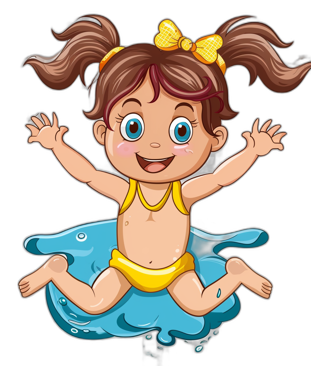 A cute happy baby girl with big blue eyes and brown hair in pigtails, wearing yellow swim attire, jumping into the water in the style of a vector cartoon illustration for a tshirt design on a black background, with no mockups or extras.