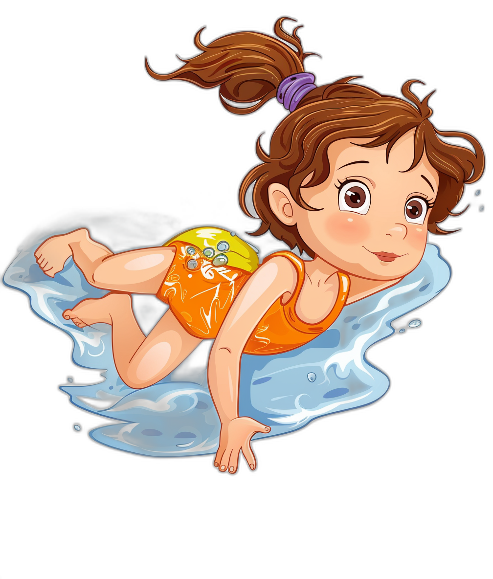 A cute little girl in an orange swimming suit is diving into the water in the style of a cartoon. The vector design is simple and clean with water drops around her face on a black background. She has brown hair with purple pigtails and her eyes have big white eyelashes. Her hands are at chest level floating above the ground and she is smiling.