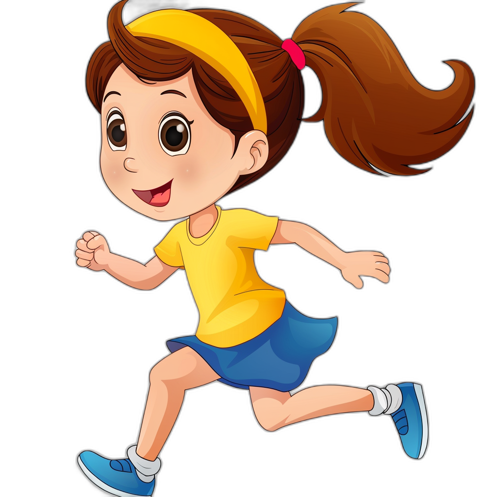 Cute cartoon girl running, vector illustration with a black background, in a simple and cute style, colorful  in a yellow t-shirt, blue skirt and white socks wearing hair accessories, smiling face with big eyes, long eyelashes, brown straight bangs and a ponytail long tail.