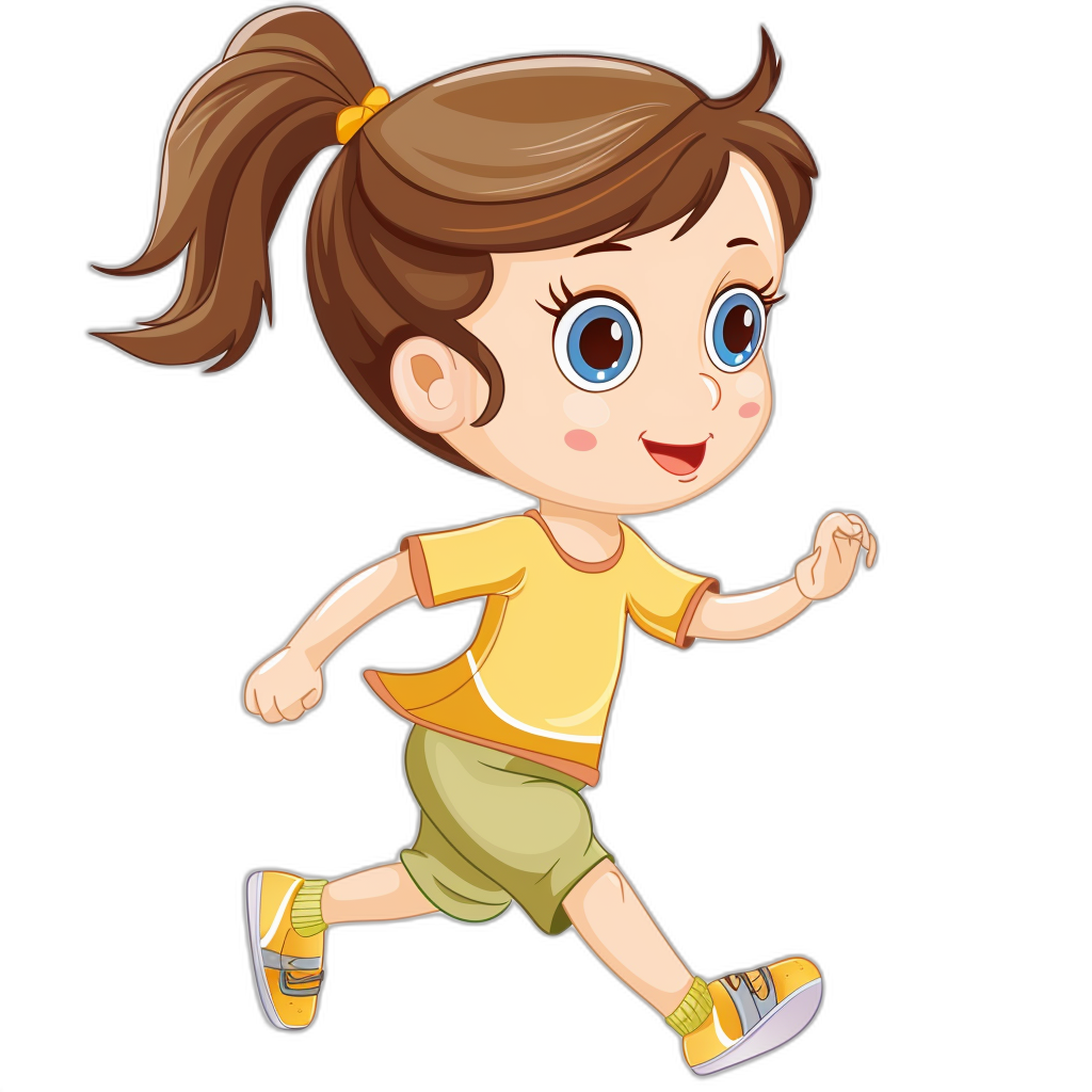 A cute little girl cartoon character is running in a vector illustration with a black background. The style is simple and clean with simple facial expressions. She is wearing a bright and vibrant yellow t-shirt and green shorts and sneakers. She has brown hair in a ponytail and big blue eyes. Use flat colors for the characters with no shadows or gradients, just solid flat colors. The vector design is for printing on a shirt with an isolated element on a white background in a cartoon style.