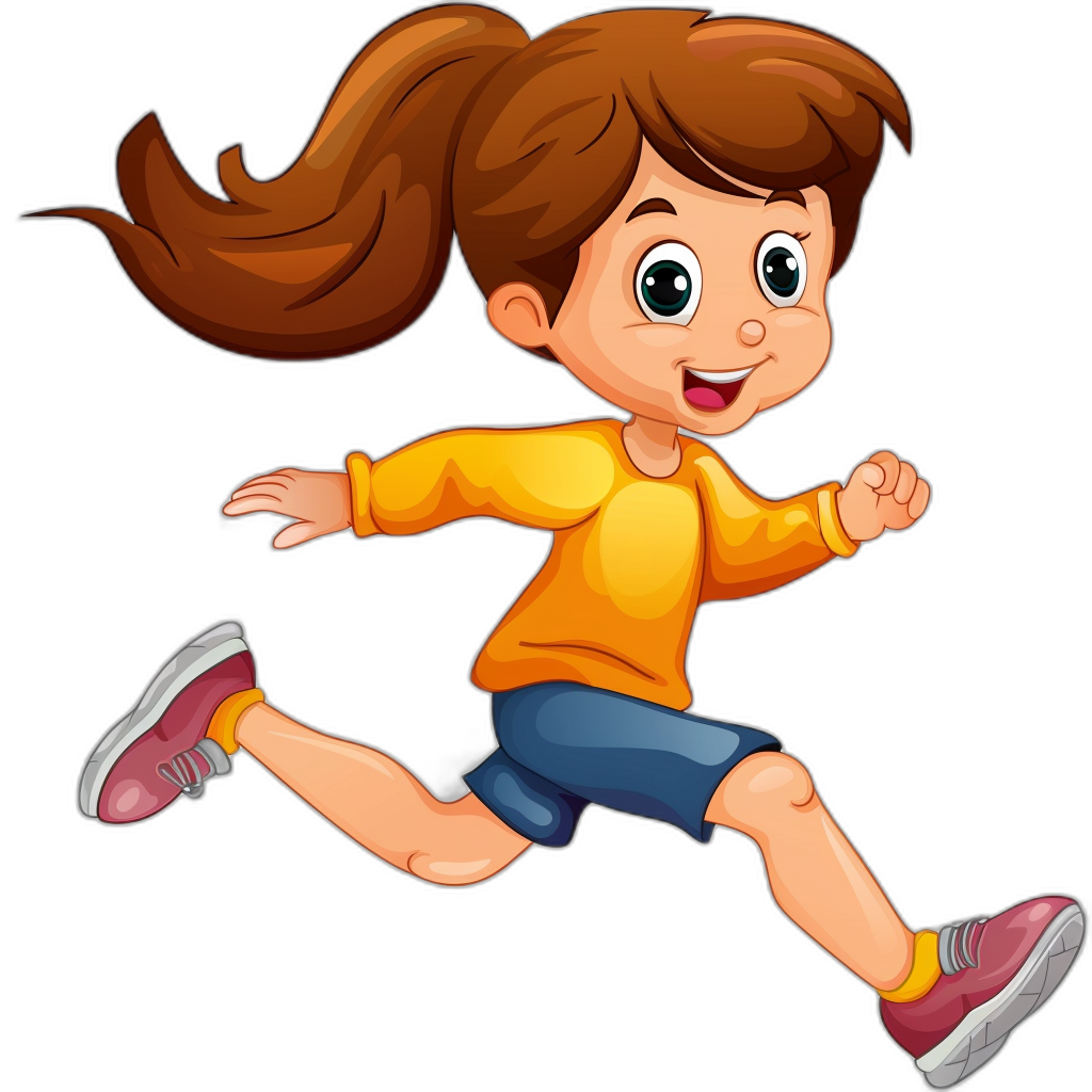 a cute girl running, cartoon style vector illustration for kids with black background