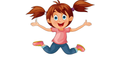 Cute cartoon girl jumping on black background, flat design, vector illustration with white outline and welldefined edges, full body, pink shirt, blue jeans, brown pigtails hair style, happy face expression, thumbs up pose, cheerful mood, simple shapes, colorful cartoon style, low detail, high resolution, high quality, high details, professional vector art, professional vector graphic, simple vector artwork, 2D vector art