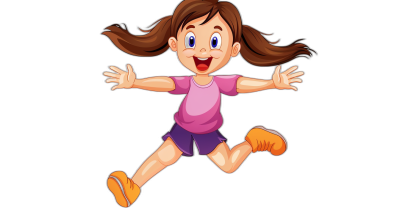 A cartoon girl is jumping up and down, with brown hair in pigtails. She wears purple shorts, orange shoes, and a pink t-shirt, with a smiling expression against a simple black background. The illustration is in the vector style with a flat design using simple lines for a full-body portrait in high definition and high resolution, in the style of vector illustration.