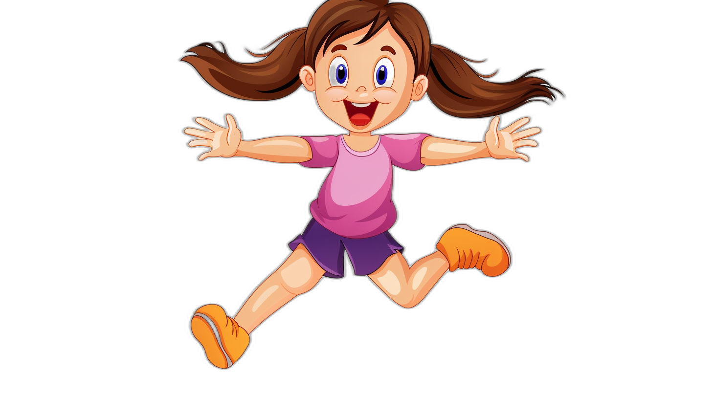 A cartoon girl is jumping up and down, with brown hair in pigtails. She wears purple shorts, orange shoes, and a pink t-shirt, with a smiling expression against a simple black background. The illustration is in the vector style with a flat design using simple lines for a full-body portrait in high definition and high resolution, in the style of vector illustration.